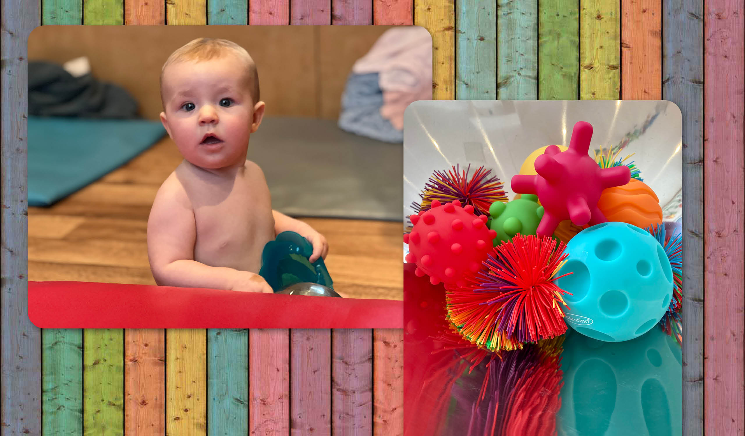 Spielzeugbälle und ein lächelndes Baby